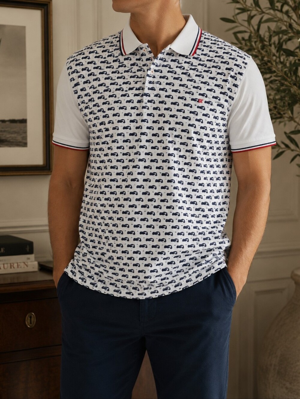 CH Carolina Herrera Men’s 100% Cotton Piqué Printed Polo Shirt Made in Portugal